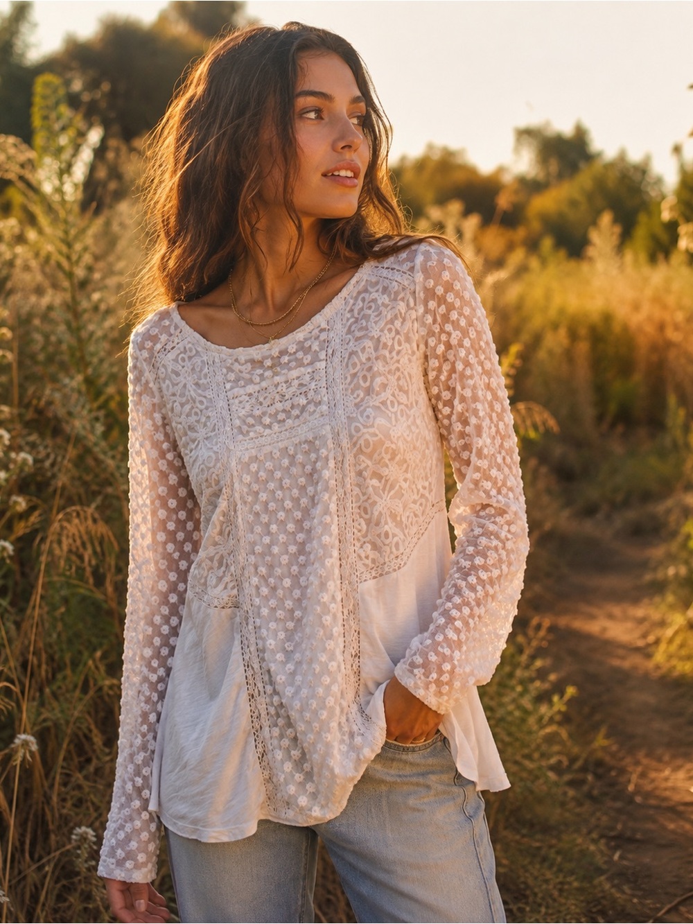 Great Northwest Indigo White Lace Crochet Boho Blouse Top Size S